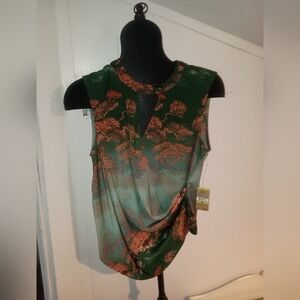 Japanese Style Top Green To Blue and Orange Tree Print